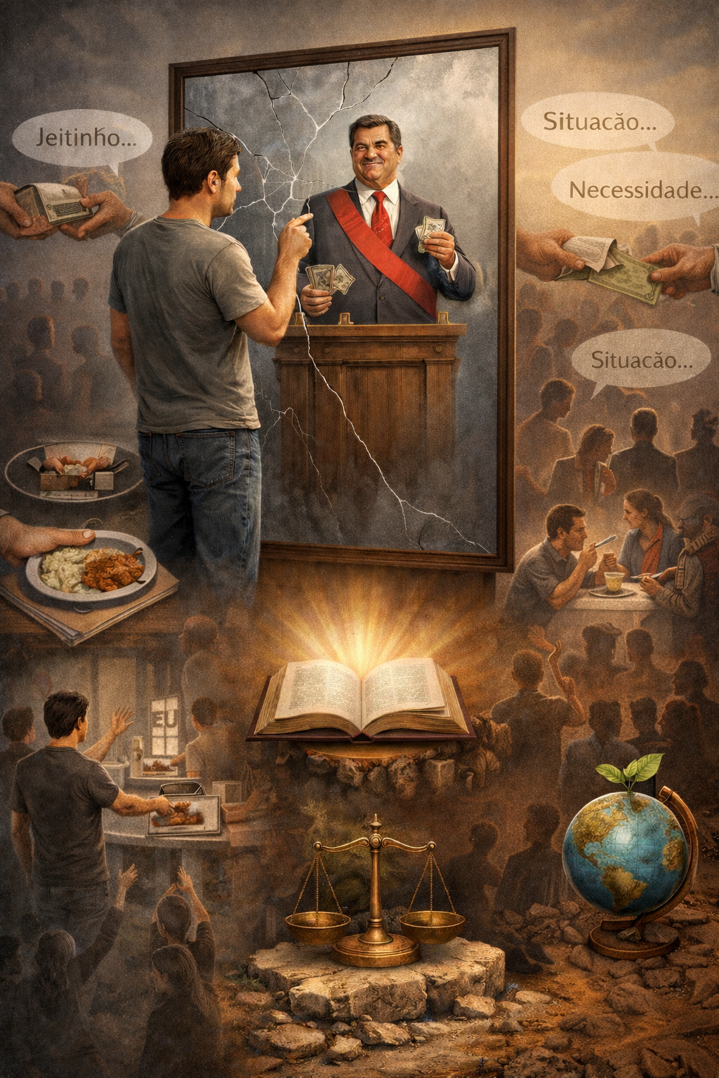 Ilustração: homem diante do espelho com reflexo simbólico; Bíblia e balança representando consciência e justiça.